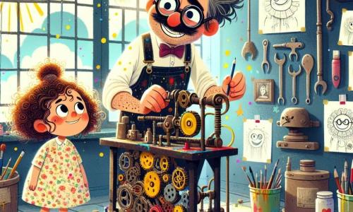 Monsieur Bidouillon, un homme aux cheveux en bataille et aux lunettes de travers, bricole dans son atelier coloré. Il porte une salopette tachée de peinture et sourit d'excitation en ajustant les engrenages de sa machine à faire sourire les nuages. À ses côtés, une petite fille d'environ 8 ans, aux cheveux bouclés et en robe à fleurs, observe avec des yeux écarquillés, prête à dessiner les nuages souriants. L'atelier est rempli de gadgets étranges, et la lumière du soleil crée une ambiance joyeuse. Monsieur Bidouillon actionne sa machine, qui émet des éclats de lumière et des confettis colorés, tandis que des nuages commencent à sourire et à prendre des formes amusantes, provoquant des rires.