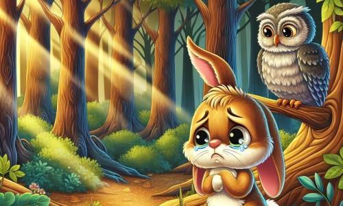 Un petit lapin nommé Caramel, avec un pelage brun doré et de grandes oreilles, exprime tristesse et inquiétude au milieu d'une forêt dense, entouré d'arbres aux feuilles vertes. Il regarde autour de lui, perdu, avec des larmes aux yeux. Un vieux hibou sage, aux plumes grises, se perche sur une branche, observant Caramel avec bienveillance, prêt à offrir des conseils. La forêt est éclairée par la lumière dorée du soleil couchant, créant un jeu d'ombres sur le sol. Caramel pleure, tandis que le hibou se prépare à l'aider à retrouver son chemin.