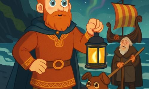 Un jeune viking nommé Eirik, à la barbe rousse et aux yeux clairs, se tient sur une plage de sable noir, déterminé et émerveillé. Il porte une tunique en laine ornée de motifs nordiques et tient une lanterne brillante. À ses côtés, son chien de berger Skald le regarde avec loyauté. Plus loin, un vieil homme nommé Björn, vêtu d'une cape en fourrure, observe la mer, prêt à guider le drakkar. La plage sauvage est bordée de falaises et de vagues, sous un ciel étoilé avec une aurore boréale. Eirik, prêt à embarquer sur un drakkar, laisse la flamme de sa lanterne scintiller tandis que le vent porte l'écho des légendes nordiques.