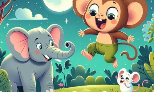 Un petit singe joyeux, avec un pelage brun clair et des yeux pétillants, saute sur une branche verte, souriant. À côté, un grand éléphant gris, avec de grandes oreilles et une trompe curieuse, regarde le singe en riant, entouré de fleurs colorées. Une petite souris blanche, avec de grandes oreilles, chante sur une pierre. Le ciel est bleu avec des nuages moelleux et la lune brille au-dessus des arbres. Dans cette scène, le singe chante joyeusement, découvrant la magie de l'amitié sous la lumière de la lune.