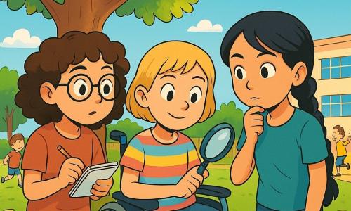 Il y a trois personnages : Lisa, une fille de 10 ans avec des cheveux bruns bouclés et des lunettes rondes, qui tient un carnet et a un air curieux ; Maïssa, une fille de 10 ans aux cheveux courts et blonds, en fauteuil roulant, souriante et confiante ; et Jade, une fille de 10 ans avec des cheveux longs et noirs en tresse, attentive et observatrice. Les trois amies se tiennent près d'un grand tilleul dans la cour de l'école, entourées d'enfants jouant, sur un sol couvert de feuilles vertes et dorées, sous un ciel bleu éclatant. Elles enquêtent sur un goûter disparu : Lisa prend des notes, Maïssa examine le sol avec une loupe, et Jade cherche des indices.