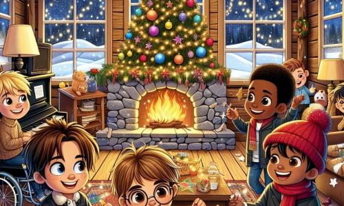 Quatre garçons de douze ans se réunissent dans un chalet en bois chaleureux pour préparer une fête surprise du Nouvel An. Julien, avec des cheveux bruns en bataille, tient une guirlande lumineuse. Maxime, aux cheveux blonds et lunettes rondes, admire un grand sapin décoré. Léo, avec une casquette rouge, colle des étoiles en papier sur les murs, tandis qu'Alex, en fauteuil roulant, joue du piano près de la cheminée. Le chalet est orné de guirlandes scintillantes et de ballons, et la neige tombante à l'extérieur crée un paysage féérique.