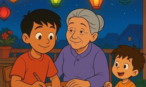 Un garçon de 10 ans à la peau caramel et cheveux noirs courts, assis à une petite table sur un balcon le soir, dessine un lampion dans un carnet tandis qu'une grand-mère d'environ 70 ans, cheveux gris en chignon, pose la main sur le carnet avec tendresse; un petit frère de 5 ans joue debout avec un lampion en papier; des guirlandes de lanternes aux lumières chaudes illuminent la scène lors d'une réunion familiale paisible au dernier soir du Ramadan.
