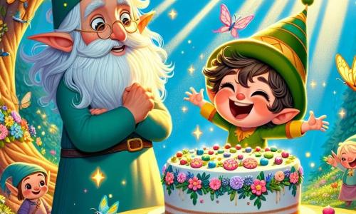 Illustration d'un petit lutin joyeux avec une grande casquette verte et un sourire éclatant, dansant autour d'un gâteau géant décoré de fleurs et de baies. À ses côtés, un lutin sage avec une barbe blanche et des lunettes rondes admire son fils avec fierté. La scène se déroule sous un grand arbre lumineux dans une forêt enchantée, où les fleurs chantent et les oiseaux dansent. Le petit lutin prépare une surprise pour son papa pour la fête des pères, entouré d'amis qui dansent et chantent. Des papillons colorés, des fleurs éclatantes et des étoiles scintillantes ajoutent à l'ambiance magique.