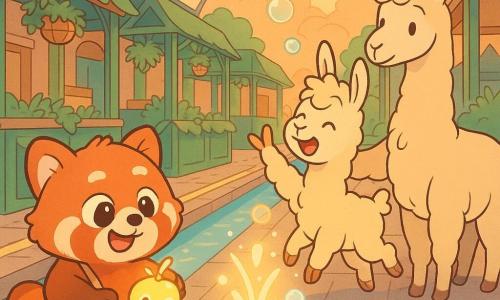 Petit panda roux rond et pelucheux, yeux curieux et sourire joyeux, tient dans son sac un petit robot lumineux en forme de pomme et le montre vers une fontaine. Un bébé lama laineux, enthousiaste, saute vers des bulles qui flottent au-dessus de la fontaine tandis que sa mère plus grande, calme et soulagée, lui pose la main dessus en regardant la fontaine avec reconnaissance. Scène colorée dans un marché sous une grande verrière en verre courbé, allées pavées à lignes lumineuses, kiosques verts, jardinières suspendues et petits canaux d'eau claire reflétant une lumière crémeuse au coucher ; le robot Lumo traduit les gestes du bébé lama en bulles translucides.