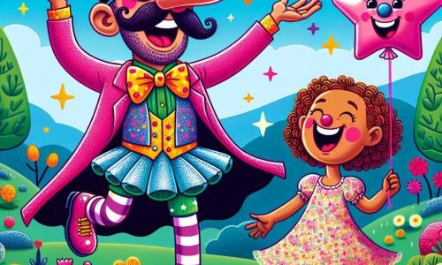 Un homme au gros nez magique, Super Pif, porte un tutu rose et des chaussettes à pois. Il sourit largement, les yeux malicieux, prêt à s'élancer. À ses côtés, Lila, une petite fille de 6 ans aux cheveux bouclés, rit en tenant un ballon en forme d'étoile. Le parc est coloré avec des fleurs, des arbres verts et un ciel bleu, rempli de chants d'oiseaux. Super Pif et Lila se préparent à faire une blague aux animaux du parc, entourés de rires et de joie.