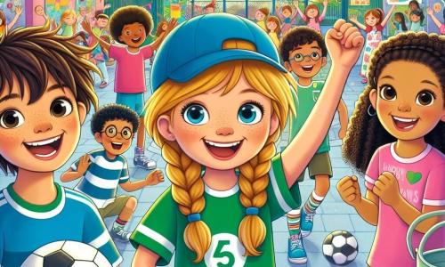 Dans une cour d'école ensoleillée, quatre enfants sont au centre de l'image. Léo, un garçon de 10 ans avec des cheveux bruns en bataille et une casquette bleue, sourit en tenant un ballon de foot. À côté de lui, Emma, 9 ans, avec de longs cheveux blonds tressés et un maillot de foot rose, lève les bras en signe de victoire. Au fond, Maxime, 10 ans, aux cheveux châtains et lunettes rondes, prépare des cookies sur une table décorée de gâteaux. Clara, 9 ans, avec des cheveux frisés et un t-shirt vert, montre une affiche colorée disant : « Ici, tout le monde peut jouer ! » La cour est entourée de fresques joyeuses et de fleurs, avec des enfants jouant en arrière-plan. Léo et Emma jouent au foot tandis que Maxime et Clara encouragent leurs amis, illustrant l'esprit d'égalité et de camaraderie de l'école.