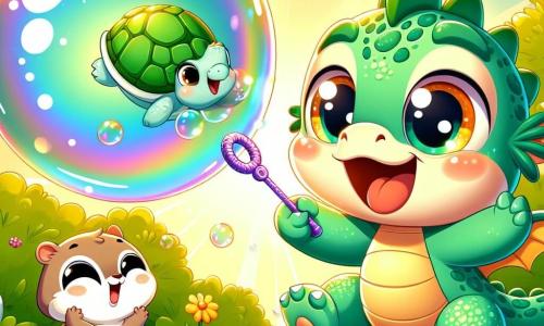 Pipo, le petit dragon rigolo, est au centre de l'image avec ses écailles vertes et ses grands yeux joyeux. Il souffle dans une baguette à bulles, créant une énorme bulle colorée qui s'élève, son sourire témoignant de son excitation. À sa droite, Chouchou, la tortue sage, est assise sur l'herbe, grignotant une feuille de salade tout en regardant Pipo avec amusement. À gauche, Kiki, le kangourou, saute joyeusement dans une bulle géante, riant aux éclats. Le décor est un pré verdoyant avec des fleurs colorées et un ciel bleu clair. Les amis s'amusent en courant après des bulles géantes, créant une atmosphère joyeuse.