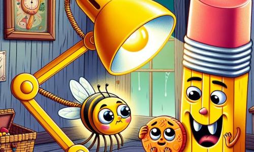 Au centre de l'image, Luciole, une petite lampe de bureau avec un abat-jour jaune, brille d'excitation. À sa droite, Biscotte, une gomme orange en forme de bonbon, est un peu nerveuse mais admirative. À sa gauche, Zigzag, un crayon souriant avec des dents de vampire, est prêt à relever le défi. Le décor se situe dans une vieille maison hantée avec des murs en bois, des toiles d'araignée et des tableaux poussiéreux. Une porte entrouverte mène à un grenier mystérieux. Les personnages explorent la maison, leurs visages éclairés par Luciole, découvrant un coffre magique dans une atmosphère mystérieuse et joyeuse.
