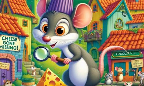 Gaspard le Rat, un petit rat au pelage gris et aux grandes oreilles, se tient sur une table en bois, les yeux pétillants et un sourire malicieux. Il porte une casquette en bouchon de bouteille et tient une loupe, prêt à résoudre le mystère du fromage disparu. À côté de lui, Rosalie la Souris, une petite souris blanche, regarde avec inquiétude, les pattes croisées. En arrière-plan, le village de Croque-Nid est animé, avec des maisons colorées et des animaux curieux rassemblés autour de la fromagerie fermée, où une pancarte « Fromage disparu ! » est accrochée. La scène évoque un mélange de mystère et d'amusement, avec des écureuils et des grenouilles autour de la fontaine.