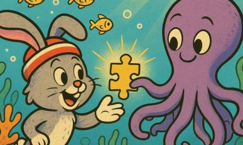 Un petit lapin gris anthropomorphe, oreilles tombantes et bonnet rayé rouge et blanc, pelage légèrement mouillé, tend une patte vers un morceau de carte brillant que lui tend une grande pieuvre violette aux tentacules souples, souriante, tenant le dernier fragment entre deux ventouses, tandis qu'un banc de petits poissons dorés circule en arrière-plan ; décor marin lumineux de coraux colorés, algues vertes ondulantes, rayons de soleil filtrant en faisceaux et bulles, scène centrée d'échange bienveillant, découverte et entraide, couleurs vives, contours souples et formes arrondies.