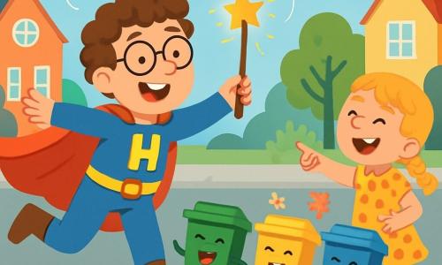 Un super-héros comique, Hugo, porte une cape rouge et sourit joyeusement. Il court avec une baguette magique scintillante. À ses côtés, une petite fille de 6 ans, avec des cheveux blonds tressés et une robe à pois, rit en pointant des poubelles dansantes. Le décor est une rue animée d'une ville joyeuse, avec des maisons colorées, des arbres verts et des ballons dans le ciel bleu. Les poubelles sautent sur le trottoir, créant une ambiance festive. Hugo tente d'arrêter les poubelles dansantes avec sa baguette, tandis que la petite fille s'amuse, entourée de rires d'enfants et de fleurs flottantes.