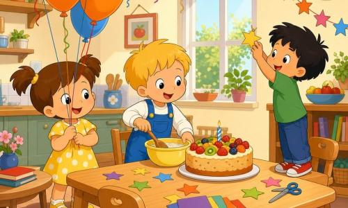 Trois enfants de 2 ans décorent un anniversaire dans une cuisine-salle à manger lumineuse : Lila, fille aux cheveux bruns en couettes, robe jaune à pois, tient un bouquet de ballons à gauche près d’une table basse ; Tom, garçon blond en salopette bleue, remue une grande cuillère dans un bol au centre près d’un gâteau rond décoré de fruits avec une petite bougie ; Manu, garçon aux cheveux noirs ébouriffés en t‑shirt vert, est debout sur une petite chaise à droite pour fixer une étoile en papier sur une guirlande ; l’ambiance est chaleureuse, gaie et calme, murs crème, guirlandes multicolores, grande fenêtre, ballons au plafond et étoiles en papier sur la table.