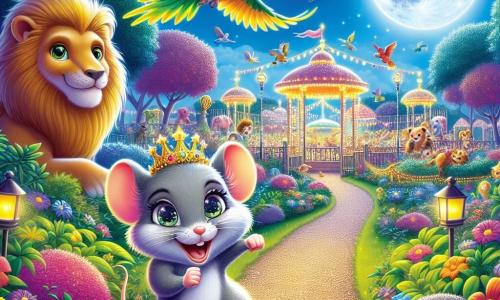 Une petite souris nommée Mimi, avec un pelage gris et des yeux déterminés, court avec enthousiasme sur un chemin de gravier. À côté, un perroquet coloré nommé Pablo vole joyeusement en l'encourageant. En arrière-plan, un lion majestueux, Léon, observe la scène, prêt à donner le signal de départ. La scène se déroule dans le zoo de Zootopia, où des enclos colorés entourent un chemin bordé de fleurs et d’arbres. La lune brille haut dans le ciel, illuminant le zoo. Mimi participe à la Grande Course Nocturne, courant avec énergie, tandis que les autres animaux s’élancent derrière elle dans une ambiance festive.