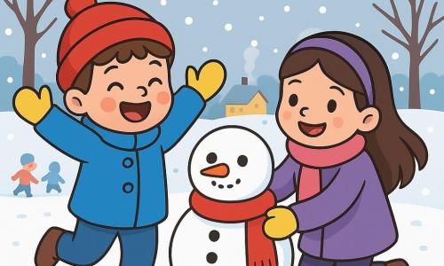 Un garçon de 4 ans, Paul, rit en sautant dans la neige, vêtu d'un manteau bleu, d'un bonnet rouge et de gants jaunes, avec des flocons tombant autour de lui. À ses côtés, Lila, une fille de 4 ans aux longs cheveux bruns, construit un bonhomme de neige en portant une écharpe rose et un manteau violet. Le parc d'hiver est décoré d'arbres dénudés, de flocons dansants et d'un ciel gris clair, avec un sol recouvert de neige scintillante. Paul et Lila roulent des boules de neige pour leur bonhomme, entourés de rires et de magie hivernale.