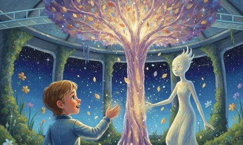 Lucien, émerveillé et souriant, yeux brillants et cheveux châtain clair courts, en combinaison spatiale bleu et argent, chante en tendant la main vers l'Arbre des Étoiles pendant que l'Esprit des Étoiles, créature flottante en robe de lumière pâle aux yeux étincelants, guide sa main dans une lueur dorée ; l'immense tronc translucide de l'Arbre, aux reflets violets et dorés et branches constellées, libère des feuilles-lucioles qui tourbillonnent dans une grande salle spatiale transformée en jardin flottant — murs métalliques couverts de mousse luminescente, passerelles en verre, fleurs fluorescentes suspendues et fenêtres sur un ciel étoilé — tandis qu'une douce explosion de lumière et de particules étincelantes crée une atmosphère calme et joyeuse aux tons bleu nuit, or et violet, avec une texture de peinture acrylique chaleureuse et enfantine.
