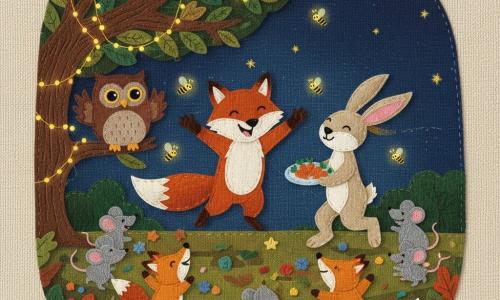 Félix, renard roux vif au ventre crème, Lila, lièvre beige aux longues oreilles roses, et Gaston, hibou brun sage, dansent en rond avec d'autres petits animaux (souris, renardeaux) dans une clairière nocturne sous un grand chêne décoré de guirlandes lumineuses; lucioles, confettis et friandises parsèment l'herbe tandis que tous célèbrent joyeusement le Nouvel An.