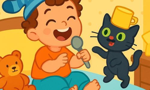 Léo, un petit garçon de 2 ans aux cheveux bouclés et aux yeux malicieux, rit aux éclats sur son lit moelleux avec une chaussette sur la tête. À côté de lui, un chat noir aux yeux verts, portant une tasse comme un chapeau, saute en l'air. La chambre est remplie de jouets colorés : une voiture rouge, un doudou en peluche et une lampe en forme d'étoile. Léo chante avec une cuillère comme micro, tandis que le chat l'observe. Ils s'amusent ensemble dans une ambiance chaleureuse et ludique, entourés de peluches et de couleurs vives.