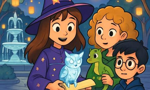 Céleste, une jeune sorcière de onze ans, se tient au centre de la Grande Place aux Lanternes, ses yeux brillants d'excitation et d'inquiétude. Elle porte une robe violette ornée d’étoiles et un chapeau pointu, tenant un hibou de cristal avec un parchemin mystérieux. À ses côtés, Léonie, une magicienne aux cheveux dorés, observe le parchemin, tandis que Milo, un garçon de douze ans aux lunettes rondes, se tient en retrait, pensif. La scène se déroule dans un lieu magique illuminé par des lanternes flottantes, avec des fontaines enchantées et des arbres aux feuilles argentées. Céleste doit décider si elle va enquêter sur le vol du Cœur d’Éther, dans une ambiance chargée de mystère et d'urgence.