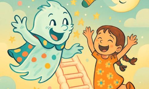 Un fantôme nommé Polichon, avec un corps translucide et ébouriffé, porte une cape à pois colorés et sourit maladroitement. Il danse joyeusement, entouré de petites étoiles. À côté, Lina, une fille de 8 ans avec des tresses et une robe à fleurs, rit aux éclats, prête à danser avec lui sur une échelle de sucre filé montant vers les nuages. Le décor est une Échelle des Nuages en sucre filé dans un ciel pastel, avec des nuages moelleux et des bulles colorées. Polichon et Lina dansent ensemble, entourés de confettis et de rires, tandis qu'une chaussette rayée flotte au-dessus d'eux, ajoutant une touche de magie à cette scène festive.