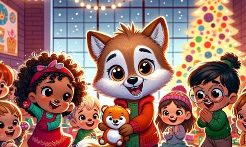 Un petit loup aux yeux brillants et au pelage doux sourit en distribuant des jouets colorés aux enfants d'un orphelinat chaleureux. À ses côtés, une petite fille aux cheveux bouclés et aux joues roses, vêtue d'une robe rouge, saute de joie avec un ours en peluche. Un garçon aux lunettes rondes et au pull vert applaudit avec enthousiasme. La salle est décorée de guirlandes scintillantes et de flocons de neige en papier, avec un grand sapin illuminé rempli de décorations et de cadeaux. Le petit loup partage l'esprit de Noël, créant une atmosphère de joie et de camaraderie.