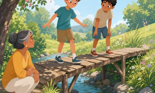 Léo, 12 ans, visage rond, cheveux châtain clair coupés courts, expression nerveuse mais fière, marche lentement sur un pont de bois en gardant l'équilibre ; Samir, aussi 12 ans, peau mate et cheveux bouclés noirs, se tient un peu devant lui en souriant timidement comme pour le guider ; tante Nadia, environ 50 ans, cheveux grisonnants en chignon et regard doux, est accroupie à l'entrée du pont, les mains sur les genoux, observant bienveillante. Le pont traverse un petit ruisseau clair aux berges herbeuses et fleuries, sous un feuillage de cerisier qui projette des ombres, par une brise légère ; scène estivale calme et chaleureuse, couleurs pastel, atmosphère de petite victoire.