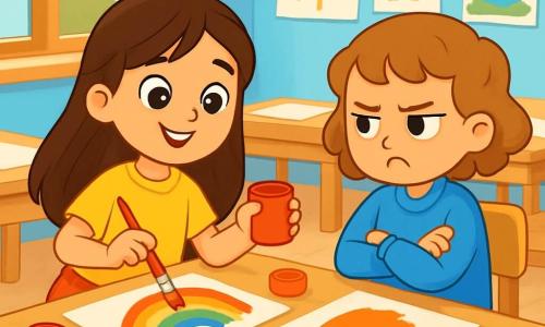 Il y a deux personnages principaux : Lila, une fille de 7 ans avec de longs cheveux bruns et des yeux pétillants, portant un t-shirt jaune vif et une jupe à pois, est concentrée sur son tableau. Zoé, également âgée de 7 ans, a des cheveux courts et bouclés châtain clair, vêtue d'une blouse de peinture bleue et d'un pantalon rose, est assise à côté de Lila avec une expression contrariée. L'action se déroule dans une salle de classe lumineuse aux murs bleu clair, ornée d'affiches de dessins d'enfants et de tables en bois en cercle, recouvertes de feuilles blanches et de pots de peinture. Lila peint un arc-en-ciel coloré tandis que Zoé, frustrée, ressent une tension car Lila utilise la couleur qu'elle souhaitait. Les pinceaux sont éparpillés autour d'elles, créant une atmosphère chargée d'émotions contrastées.