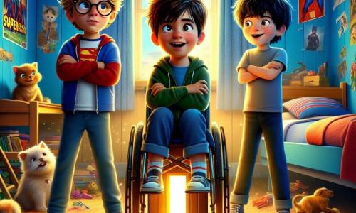 Trois garçons, Léo, Max et Tim, se tiennent devant une porte miniature brillante et dorée sous un lit. Léo, 8 ans, est en fauteuil roulant et sourit avec curiosité. Max, 9 ans, s'accroupit près de la porte, émerveillé, tandis que Tim, 8 ans, se tient debout, les bras croisés, prêt à entrer dans l'aventure. La chambre est colorée, avec des murs bleu ciel et des posters de super-héros, des jouets éparpillés, et un rayon de lumière illuminant la porte magique. Les garçons, excités, sont prêts à ouvrir cette porte qui les emmènera dans un monde loufoque où les animaux portent des chapeaux et les arbres racontent des blagues.