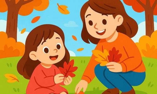 Une petite fille de 4 ans, Alice, aux longs cheveux bruns et aux yeux pétillants, est assise sur l'herbe, entourée de feuilles d'automne colorées. Elle sourit en tenant une feuille rouge. À côté d'elle, sa maman, une femme d'environ 30 ans avec des cheveux châtains, est accroupie pour ramasser d'autres feuilles, fière de sa fille. Le parc est rempli d'arbres aux feuilles dorées, oranges et rouges, sous un ciel bleu clair. Alice et sa maman ramassent des feuilles pour un bricolage, partageant rires et sourires, illustrant la magie de l'automne.