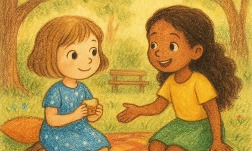 Deux fillettes de six ans, Lila (cheveux châtain clair courts, robe bleue à étoiles) assise à gauche tenant un petit sandwich et Zoé (cheveux bruns longs et bouclés, t‑shirt jaune et jupe verte) assise à droite, penchée vers Lila la main tendue, partagent un pique‑nique paisible dans un coin secret du jardin de l'école, sous de grands arbres baignés d'une lumière dorée, entourées d'herbe, de fleurs sauvages, de coussins colorés et d'oiseaux perchés.