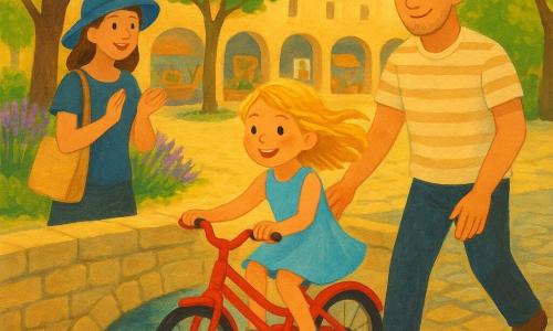 Une fillette de six ans aux mèches blondes et taches de rousseur, en robe bleu ciel, souriante et fière, pédale un petit vélo rouge sans roulettes sur un pont en pierre tandis qu’un homme d’une trentaine d’années au visage doux en t‑shirt rayé la soutient légèrement par la selle à sa droite, une femme d’environ 33 ans coiffée d’un chapeau bleu et portant un sac en tissu applaudit derrière à gauche, et une grand‑mère aux cheveux gris attachés et robe à fleurs applaudit depuis le trottoir ; la scène se déroule sur une place de village lumineuse bordée de tilleuls et de lavande, pavés clairs, arcades et stands d’artistes en arrière‑plan, un ruisseau scintillant sous le pont, lumière dorée d’été et couleurs chaudes façon gouache, moment joyeux et rassurant d’apprentissage.