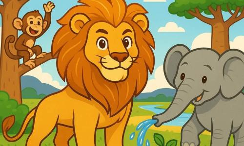 Léon, un lion majestueux à la crinière dorée et aux yeux brillants, se tient fièrement au centre de la savane. Éléa l'éléphant, avec sa peau grise, utilise sa trompe pour arroser une plante assoiffée, tandis que Gaston le singe grimpe sur une branche, riant et encourageant ses amis. Le décor est une savane florissante avec des baobabs aux feuilles vertes et un ciel bleu parsemé de nuages. Léon et ses amis, unis, arrosent les plantes desséchées, remplis d'espoir et de joie, redonnant vie à leur belle savane.