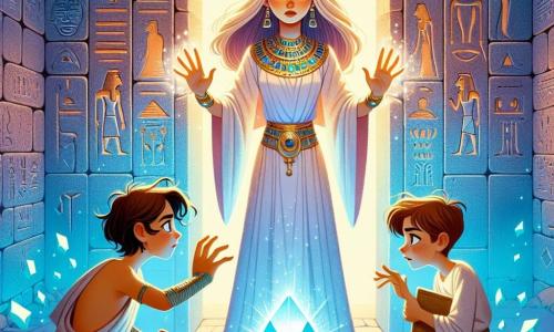 Nefret, une jeune femme égyptienne de 16 ans, se tient au centre de la scène, déterminée. Elle porte une toge de lin blanc avec des motifs dorés et une amulette de lapis-lazuli. Son visage exprime une intense concentration alors qu'elle lève les mains vers le Cœur d’Atoum, un cristal lumineux pulsant d'une lumière bleue. À ses côtés, Menkaou, un garçon de 15 ans, l'observe avec admiration, agenouillé et tenant une tablette d’argile, son visage trahit une peur mêlée d’espoir. La scène se déroule dans une salle ancienne au cœur d'une pyramide inachevée, ornée de hiéroglyphes lumineux et remplie d'une atmosphère mystique. Nefret et Menkaou se préparent à affronter une femme spectrale menaçante, dont la silhouette se profile dans l’ombre, alors que l'air est chargé de tension et de magie.