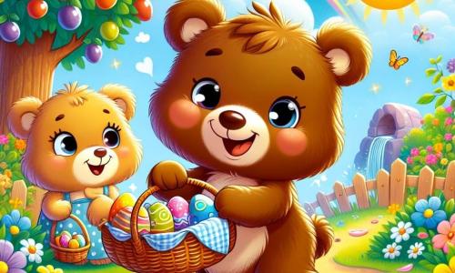 Un petit ours nommé Oscar, avec un pelage brun doux et des yeux curieux, cherche des œufs en chocolat dans un jardin ensoleillé. Joyeux, il tient un panier en osier rempli d'œufs colorés. À ses côtés, Maman Ours, une grande ourse au pelage légèrement plus clair, le regarde avec fierté, souriant et tenant une guirlande de fleurs. Le jardin est vibrant, rempli de fleurs éclatantes, d'arbres fruitiers et d'une petite fontaine scintillante. Des papillons dansent autour des fleurs. Oscar découvre un œuf en chocolat caché sous une fleur jaune, rayonnant de joie, tandis que Maman Ours l'observe avec bienveillance.