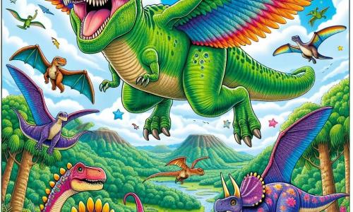 Un grand Tyrannosaure Rex nommé Téo, avec une peau verte éclatante et des ailes colorées, vole joyeusement dans le ciel bleu, rayonnant de bonheur. À ses côtés, plusieurs dinosaures curieux, comme un diplodocus et un stégosaure, flottent dans les airs, admirant Téo. En dessous, une vallée verdoyante s'étend, parsemée de fleurs et de grands arbres, avec des rivières scintillantes. La scène montre Téo survolant la vallée, entouré de ses amis, tous riant et s'amusant, illustrant l'esprit d'aventure et d'amitié qui les unit.