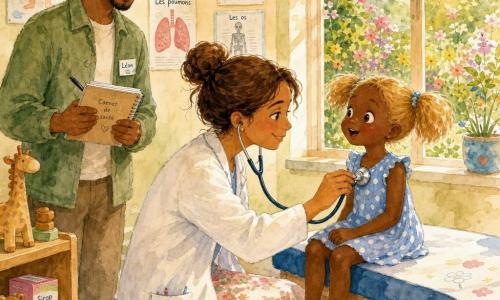 La docteure Clara, souriante et bienveillante, cheveux châtains en chignon et blouse blanche, penchée pour poser un stéthoscope sur la poitrine d’Emma, une fillette d’environ 6 ans aux couettes blondes et robe à pois bleu clair, assise sur la table d’examen, tandis que Léon, assistant d’une trentaine d’années en veste verte, tient un carnet et observe avec un sourire encourageant ; la salle d’examen lumineuse aux murs crème, affiches colorées, étagère avec jouets et fenêtre donnant sur un jardin fleuri baigne dans une douce lumière dorée du matin, créant une ambiance calme, rassurante et pastel.