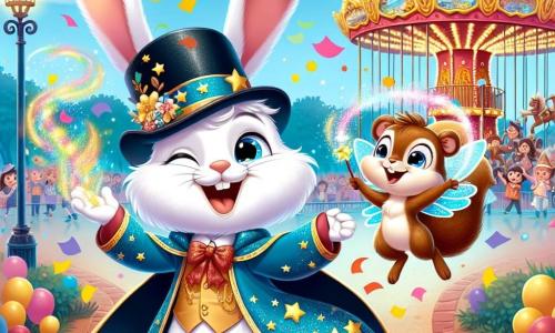 Au centre de l'image, un lapin magicien nommé Benjamin, avec un pelage blanc et des grandes oreilles, porte une cape bleue scintillante et un chapeau en forme de melon décoré d'étoiles dorées. Il lance des confettis colorés, créant une pluie de couleurs vives. À sa droite, une petite écureuil nommée Lola, avec un pelage brun et des ailes de fée, sourit en tenant une baguette magique et danse joyeusement. En arrière-plan, le parc est décoré de guirlandes multicolores, de ballons et de manèges, tandis que des enfants jouent autour d'eux. Benjamin et Lola sont au cœur d'un carnaval animé, illustrant un moment de bonheur partagé.