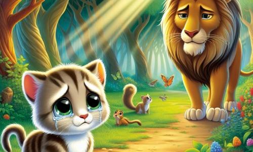 Un chaton nommé Félix, avec un pelage crème et brun, se tient sur un chemin de terre, les yeux pleins de larmes, montrant sa tristesse. À ses côtés, un lion nommé Léon, avec une crinière dorée et un regard bienveillant, se penche vers lui, prêt à l'aider avec un sourire rassurant. Le décor est une forêt verdoyante avec des arbres épais et des rayons de soleil filtrant à travers le feuillage, créant une ambiance magique. Félix, le chaton perdu, se confie à Léon, symbolisant l'amitié et la solidarité entre les animaux.