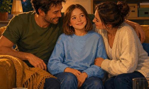 Fille de 12 ans, fière et sereine, sourire doux, cheveux châtain clair au carré, pull bleu clair et jean, assise au centre du canapé tenant légèrement la main de ses parents ; mère ~36 ans, soulagée et tendre, cheveux bruns en chignon lâche, gilet crème, assise à droite et penchée vers la fille ; père ~38 ans, joyeux et complice, barbe de trois jours, cheveux en bataille, t‑shirt vert olive, assis à gauche avec le bras posé derrière le canapé ; sur une étagère basse un appareil photo avec un voyant rouge clignotant prêt pour le retardateur ; salon chaleureux au crépuscule, lumière dorée douce, canapé en velours moutarde, plaid à franges, table basse en bois avec une assiette de pommes et des morceaux de chocolat, étagères avec cadres photo et cartons étiquetés ; moment calme après une petite aventure, photo de groupe, composition centrée, expressions naturelles, atmosphère intime ; style peinture acrylique avec coups de pinceau texturés, couleurs chaudes et contrastées, ombres douces et détails graphiques nets.