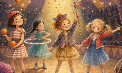 Quatre filles dans un chapiteau jaune et violet : Zoé (9 ans) cheveux châtain courts, casquette à hélice rouge, robe rayée, jongle trois oranges à gauche avec une expression malicieuse ; Mila (8 ans) cheveux noirs en tresse, robe turquoise, cerceau lumineux autour de la taille, tourne son hula-hoop en arrière-plan à droite ; Emma (7 ans) cheveux blonds en couettes, visage très expressif, fait une grosse grimace à droite, bras écartés ; Lila (9 ans) cheveux roux noués d’un ruban à pois, veste pailletée bricolée, au centre tenant une baguette magique en bois décorée de papier doré, rubans et plumes qui vibre et libère confettis. Sous le chapiteau, piste circulaire en bois verni, gradins sombres remplis de silhouettes, guirlandes de lumières chaudes, projecteur doré sur le centre et éléments de coulisses visibles ; les quatre amies sont en final, mains jointes, sourires larges, moustaches au crayon, pluie de paillettes dorées et confettis, ambiance festive aux couleurs vives et textures aquarelle.
