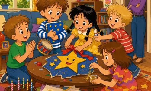 Un salon chaleureux et coloré où cinq enfants de 6 ans — Lucas, timide et rayonnant, cheveux châtain clair, tenant son carnet et un petit tambour ; Samira, souriante, cheveux en tresses, collant un ruban rouge ; Tom, enthousiaste en t‑shirt vert, applaudissant ; Ana, rêveuse, saupoudrant paillettes ; et Jules, malicieux, tendant un tube de colle — chantent en cercle autour d'une décoration réparée posée sur la table où trône un gâteau au chocolat, entourée de guirlandes et ballons ; la maman, la trentaine, souriante, veille près de la porte ; ambiance festive, lumineuse et solidaire, style dessin animé coloré des années 90.