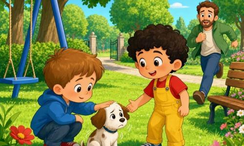 Timothée, 4 ans, visage rond, cheveux châtain clair courts, yeux grands, sourire timide, est accroupi pour caresser un petit chiot tremblant; Lucas, 4 ans, cheveux bouclés noirs, t‑shirt rouge et salopette jaune, se tient debout à côté, souriant et tendant la main pour réconforter le chiot. Un homme d'une trentaine d'années, barbe courte et veste verte, arrive en courant depuis l'entrée du parc, soulagé et ému. Le chiot, petit, blanc tacheté de brun, oreilles tombantes et regard reconnaissant, est assis entre les garçons. Scène dans un parc ensoleillé avec pelouse, une grande balançoire bleue à gauche, un banc à droite, arbres et fleurs colorées, ambiance chaleureuse et rassurante, couleurs vives et silhouettes arrondies.