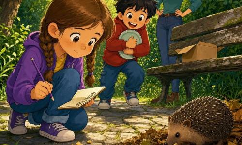Une fillette de 8 ans au visage rond et taches de rousseur, cheveux châtain clair en deux nattes, yeux curieux, accroupie avec un carnet à spirales et un crayon violet, observe un petit tas de biscuits; Nino, un garçon d’environ 5 ans aux cheveux foncés en bataille, tient une assiette vide contre sa poitrine derrière elle, tout excité; la mère, environ 35 ans, cheveux en chignon, main sur la hanche, veille protectrice; un petit hérisson brun au museau pointu, miette sur le nez, renifle une serviette en papier rayée à la fraise près d’un tas de feuilles et de biscuits en forme d’étoile; lieu : sentier boisé lumineux avec dalles de pierre, vieux banc en bois portant une boîte en carton ouverte et miettes visibles, buissons et rayons de soleil; situation : scène douce d’enquête où la fillette détective examine les indices pendant que le hérisson révèle la cachette des biscuits, ambiance chaleureuse et curieuse.