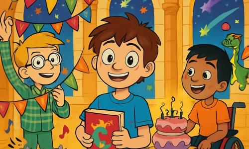 Il y a trois personnages : Léo, un garçon de 9 ans avec des cheveux bruns et un t-shirt bleu, souriant au centre avec un carnet magique ; Maxime, à gauche de Léo, décorant la salle avec des guirlandes colorées, portant une chemise à carreaux ; et Sami, à droite en fauteuil roulant rouge, poussant un gâteau chantant. L'action se déroule dans le Palais des Gâteaux, un château en pâte d’amande, rempli de décorations scintillantes et d'un tapis volant. Les trois amis préparent la fête d'anniversaire de Léo, entourés de créatures fantastiques, créant une ambiance festive et magique.