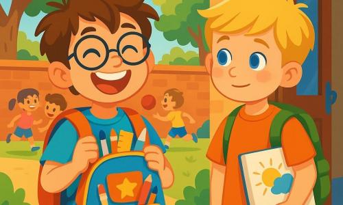 Lucas, un garçon de 8 ans aux cheveux bruns en bataille et lunettes rondes, sourit en tenant son sac à dos coloré rempli de fournitures scolaires. À ses côtés, Adam, également âgé de 8 ans, aux cheveux blonds et yeux bleus, regarde timidement avec un carnet de dessin sous le bras, admirant Lucas. La scène se déroule dans une cour d'école ensoleillée, entourée de grands arbres et d'un mur de briques rouges, où des enfants jouent au ballon et rient, créant une ambiance joyeuse. Lucas et Adam se tiennent devant la porte de la classe, prêts pour leur première journée d'école, leurs visages reflétant excitation et appréhension.