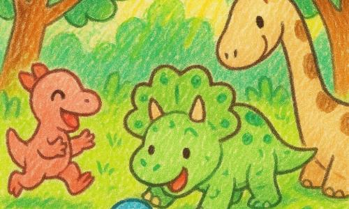Tino, petit tricératops vert pâle à cornes courtes et collerette ronde, pousse doucement un petit caillou bleu pendant que Dodo, petite dino rosée, rit et applaudit à gauche en courant, et que Lulu, grand diplodocus beige tacheté, baisse la tête à droite sans écraser le caillou; ils sont en cercle sur l'herbe sous de grands arbres aux troncs bruns et feuilles larges, près d'une grande feuille rouge brillante, éclairés par une chaude lumière solaire, traits simples et couleurs vives style crayonné enfantin.