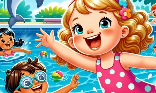 Clara, une petite fille de 4 ans aux cheveux bouclés et blonds, porte un maillot de bain rose à pois et nage joyeusement dans une piscine bleue. Léo, un garçon de 5 ans aux cheveux bruns en bataille, éclabousse autour d'elle en riant. Mia, une petite fille de 4 ans aux cheveux noirs tressés, plonge gracieusement, tandis que Max, un garçon de 5 ans aux lunettes rondes, les observe en riant au bord de la piscine. La scène se déroule en plein air, entourée de palmiers et de soleil, avec des bouées colorées flottant à la surface. Clara et ses amis s'amusent ensemble, encouragés par Monsieur Paul, un ancien champion de natation.