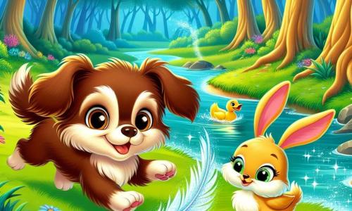 Un petit chien marron nommé Filou, avec de grands yeux curieux et une expression joyeuse, court dans une forêt verdoyante, ses oreilles flottant au vent. À côté de lui, un lapin aux grandes oreilles blanches, avec un sourire amical, observe Filou en sautillant sur l’herbe douce. Un canard jaune nage paisiblement dans une rivière scintillante, tout en regardant Filou avec curiosité. La forêt est remplie d’arbres majestueux aux feuilles vertes éclatantes et des fleurs colorées parsèment le sol. Filou suit une plume brillante qui vole doucement devant lui, créant une atmosphère magique et pleine d’aventure.