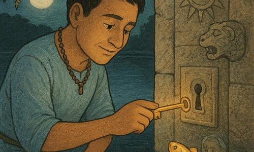 Técotl, homme doux au visage rond et cheveux courts, vêtu d’une tunique bleu ciel et portant un collier de graines, tient une petite clé en bronze qu’il insère dans la serrure d’une porte de pierre au bord d’un lac noir miroitant ; au moment où la clé touche la serrure la porte s’ouvre lentement et laisse échapper une lumière chaude et parfumée, tandis que, dans le reflet de l’eau, une femme âgée aux cheveux blancs tressés et un homme âgé à la barbe grise veillent comme des ancêtres, un poisson doré jaillit vers la clé, et la scène baigne dans une brume légère, des motifs soleil et jaguar ornent la porte et des tons chauds pour la pierre contrastent avec les bleus et argentés de l’eau nocturne.