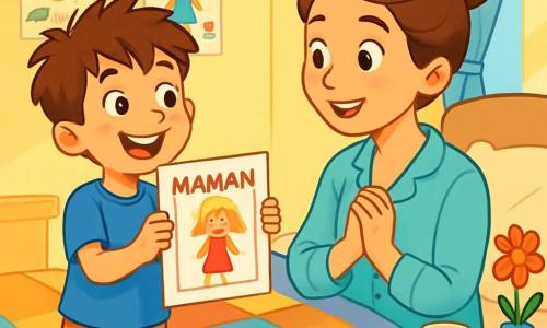 Un garçon de 8 ans, avec des cheveux bruns en bataille et des yeux joyeux, se tient dans une chambre ensoleillée. Il porte un t-shirt bleu et un short rayé, souriant largement. À côté de lui, sa maman, une femme d'environ 35 ans aux cheveux châtains en chignon, est assise sur le lit, émue et souriante. La chambre est lumineuse, avec des murs jaune pastel, des dessins d’enfants et un grand lit couvert d'une couette colorée. Sur la table de nuit, un vase avec une fleur et un plateau de petits-déjeuners attendent. Le garçon montre fièrement un dessin coloré à sa maman, dans une ambiance joyeuse et familiale.